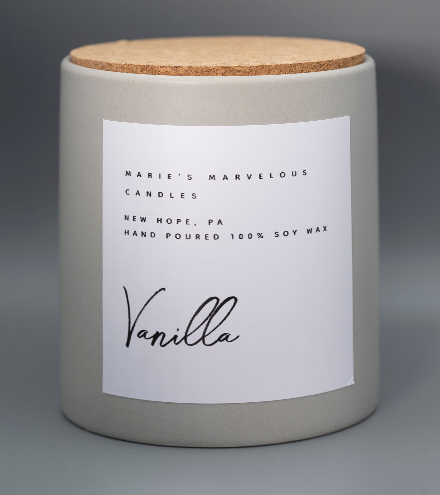 15 ounce Vanilla fragrance in a grey stone ceramic jar with fitted cork lid