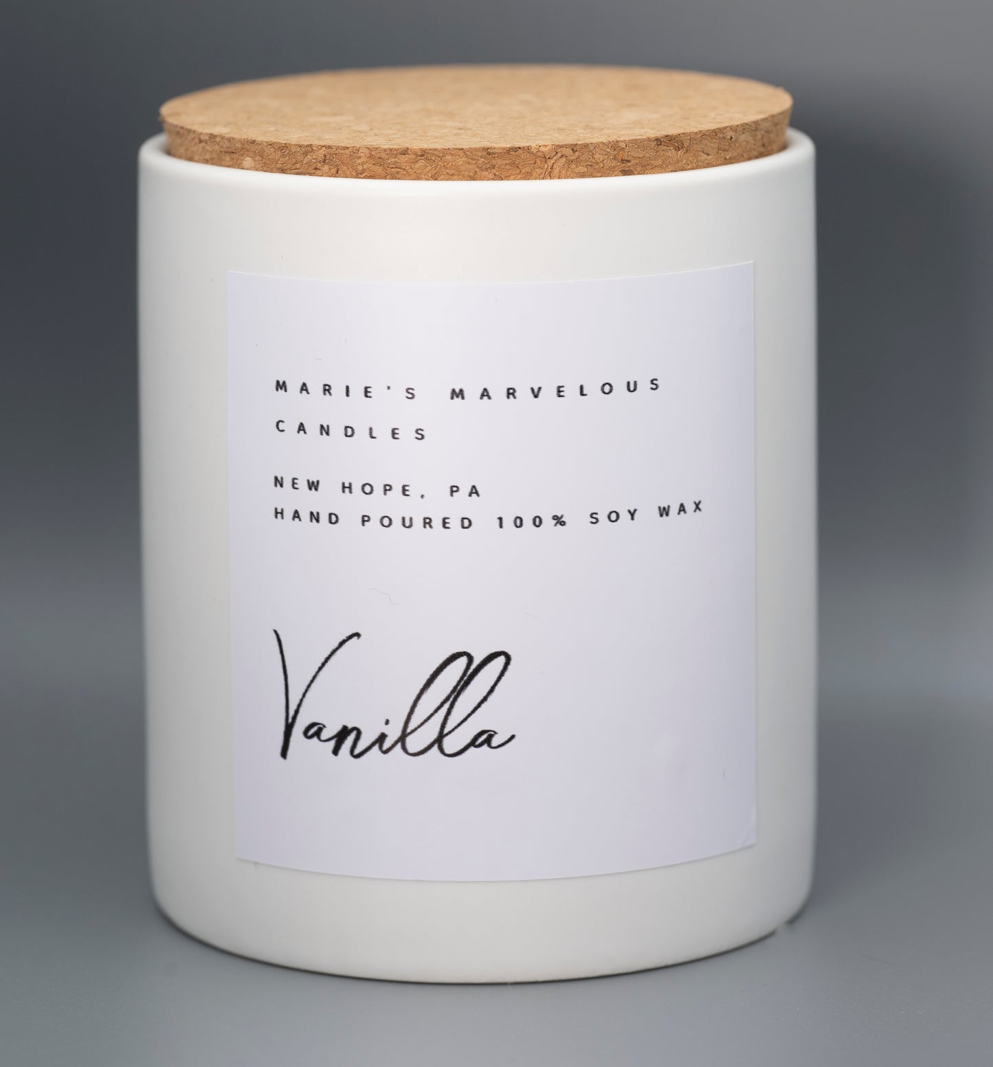 15 ounce Vanilla fragrance in a white stone ceramic jar with fitted cork lid