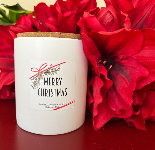 15 ounce Merry Christmas Balsam Fir fragrance in a white stone ceramic jar with fitted cork lid