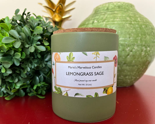 15 ounce Lemongrass Sage fragrance in a sage green ceramic jar with fitted cork lid