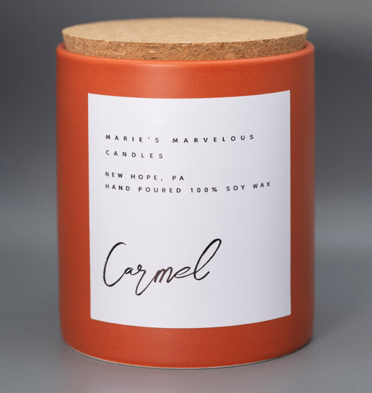 15 ounce Salted Carmel fragrance in a burnt sienna ceramic jar with fitted cork lid