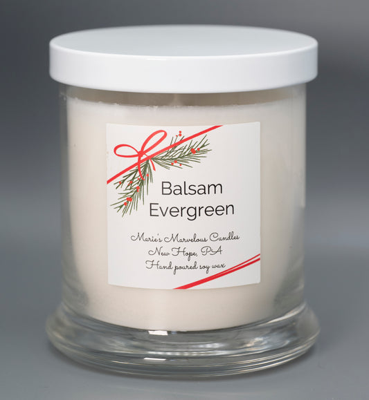 12.5 ounce Balsam Evergreen fragrance in a status glass jar with white tin lid