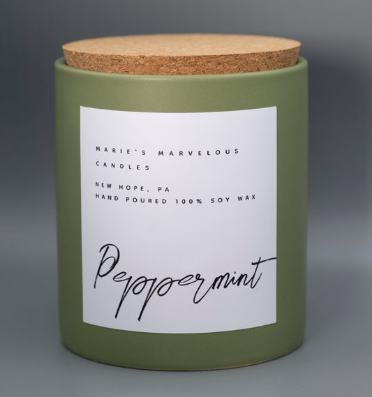 15 ounce Peppermint fragrance in a sage green ceramic jar with fitted cork lid