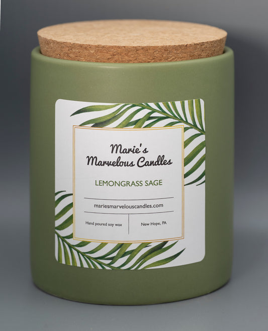 15 ounce Lemongrass Sage fragrance in a sage green ceramic jar with fitted cork lid