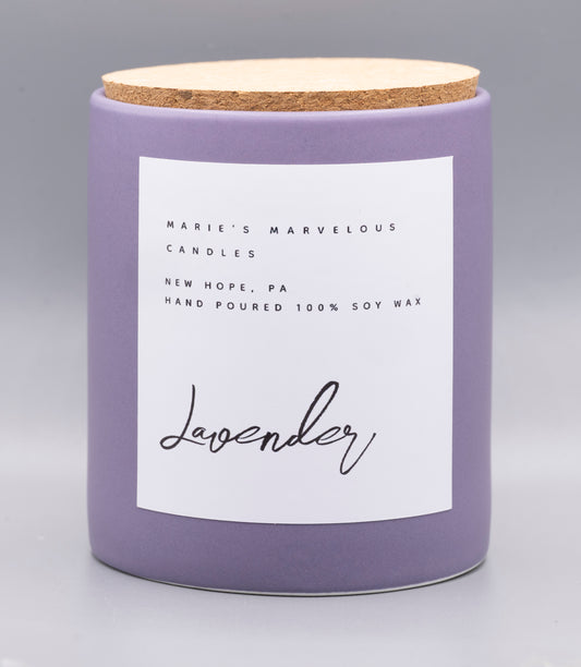 15 ounce Lavender fragrance in an amethyst purple ceramic jar with fitted cork lid