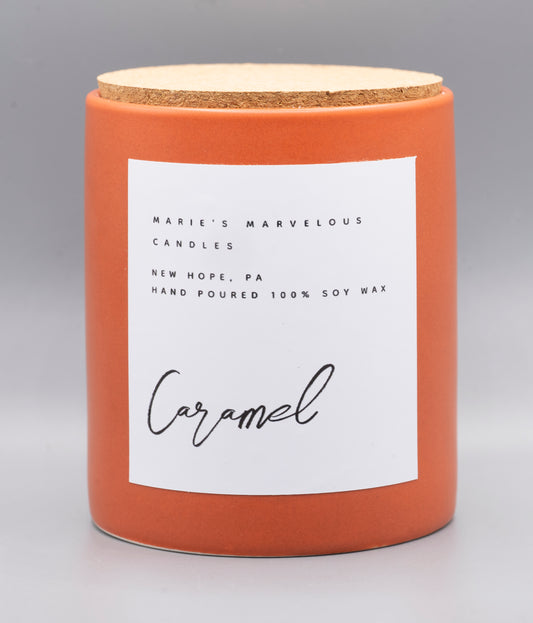 15 ounce Caramel fragrance in a burnt sienna ceramic jar with fitted cork lid
