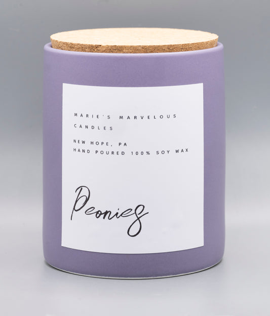 15 ounce Peonies fragrance in an amethyst purple ceramic jar with fitted cork lid