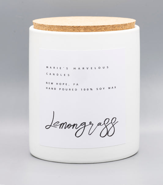 15 ounce Lemongrass fragrance in a white ceramic jar with fitted cork lid