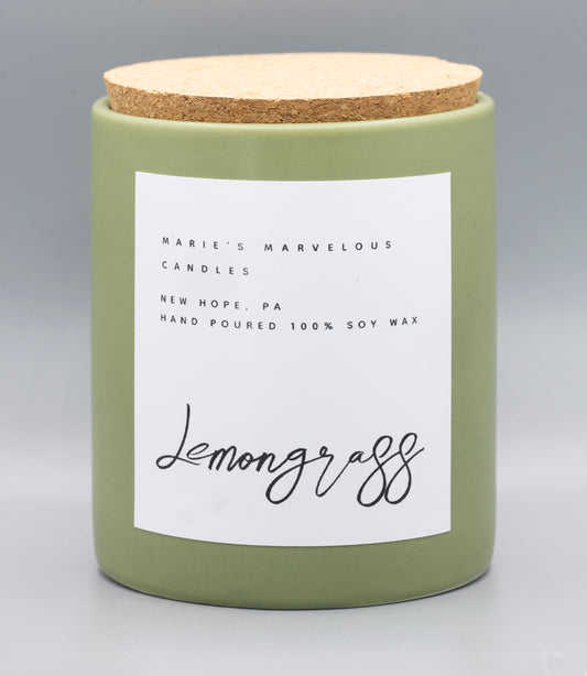 15 ounce Lemongrass Sage fragrance in a sage green ceramic jar with fitted cork lid