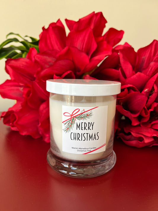 12.5 ounce Merry Christmas Balsam Fir fragrance in a status glass jar with white tin lid