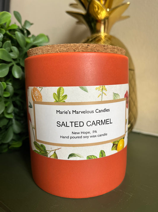 15 ounce Salted Carmel fragrance in a burnt sienna ceramic jar with fitted cork lid