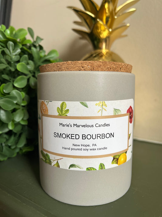 15 ounce Smoked Bourbon fragrance in a grey stone ceramic jar with fitted cork lid