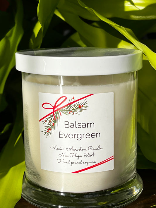 12.5 ounce Balsam Evergreen fragrance in a status glass jar with white tin lid