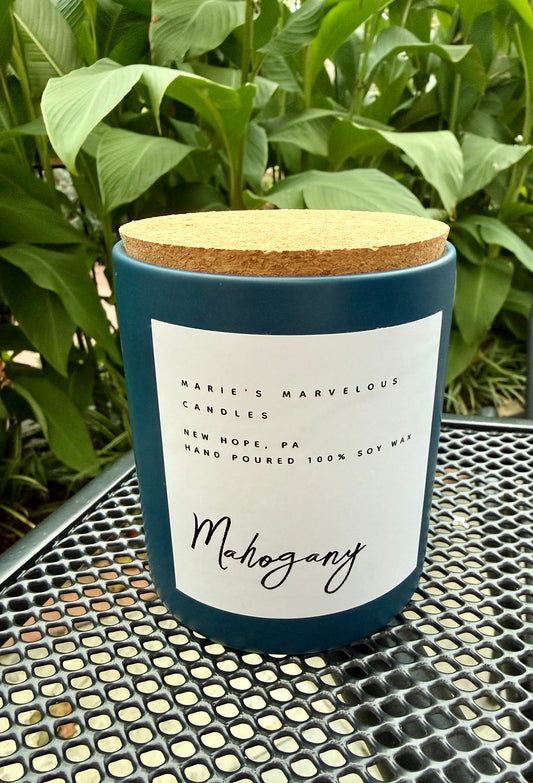 15 ounce Mahogany fragrance in a blue stone ceramic jar with fitted cork lid